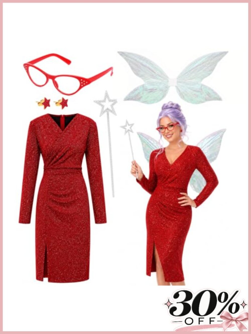 Women's Halloween Fairy Costume Set with Glitter Dress Wings Wand